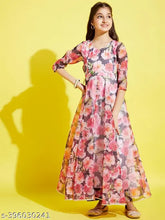 Cherry Jerry floral printed organza maxi dress for girls, three-quarter sleeve, size 8-9 years, India origin
